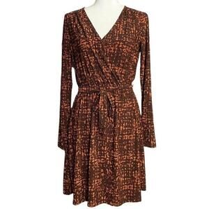Daisy Fuentes Long Sleeve Wrap Chocolate Brown Pattern Stretchy Dress‎ Women's S